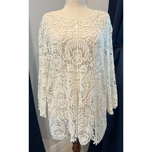 BEDFORD FAIR Women 1x Crochet Lace Top Floral White CRUISE Beach Summer Vacation
